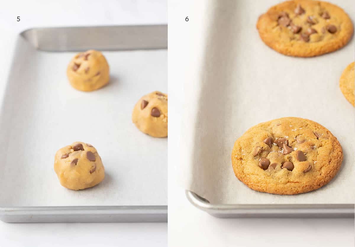 Side by side photos showing cookie dough balls before and after being baked.