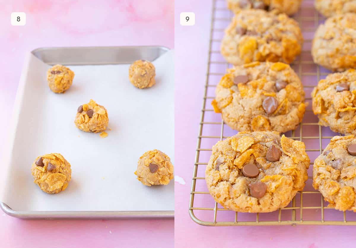 Side by side photos showing how to place cookie dough on baking trays and cornflake cookies cooling on a wire rack. 