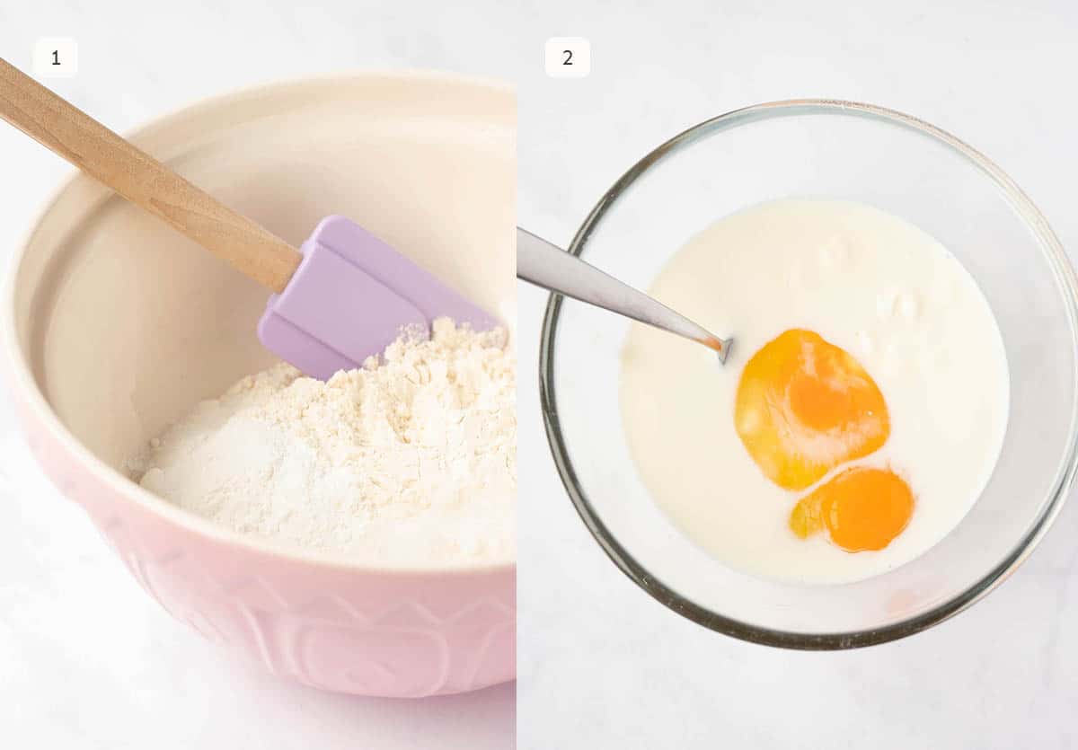 Side by side photos showing how to make pancake batter from scratch.
