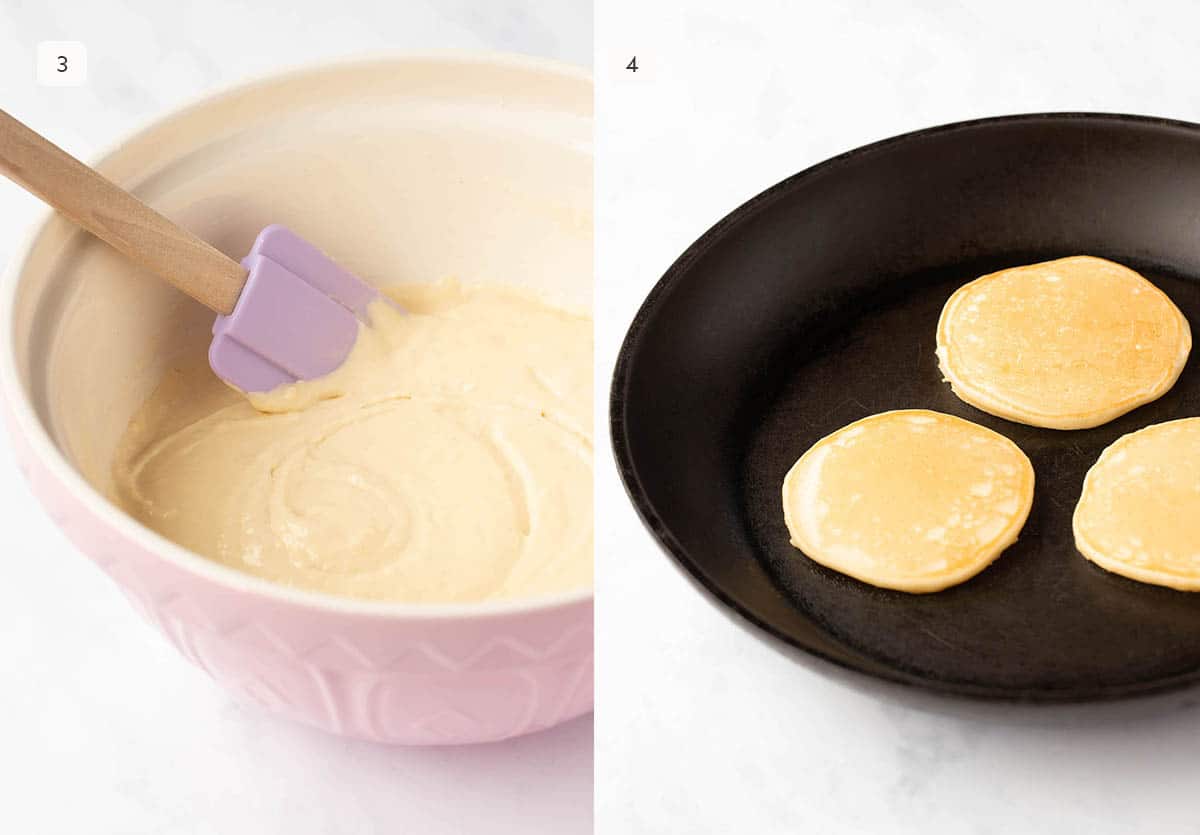 Side by side photos showing how to make and spoon pancake batter. 