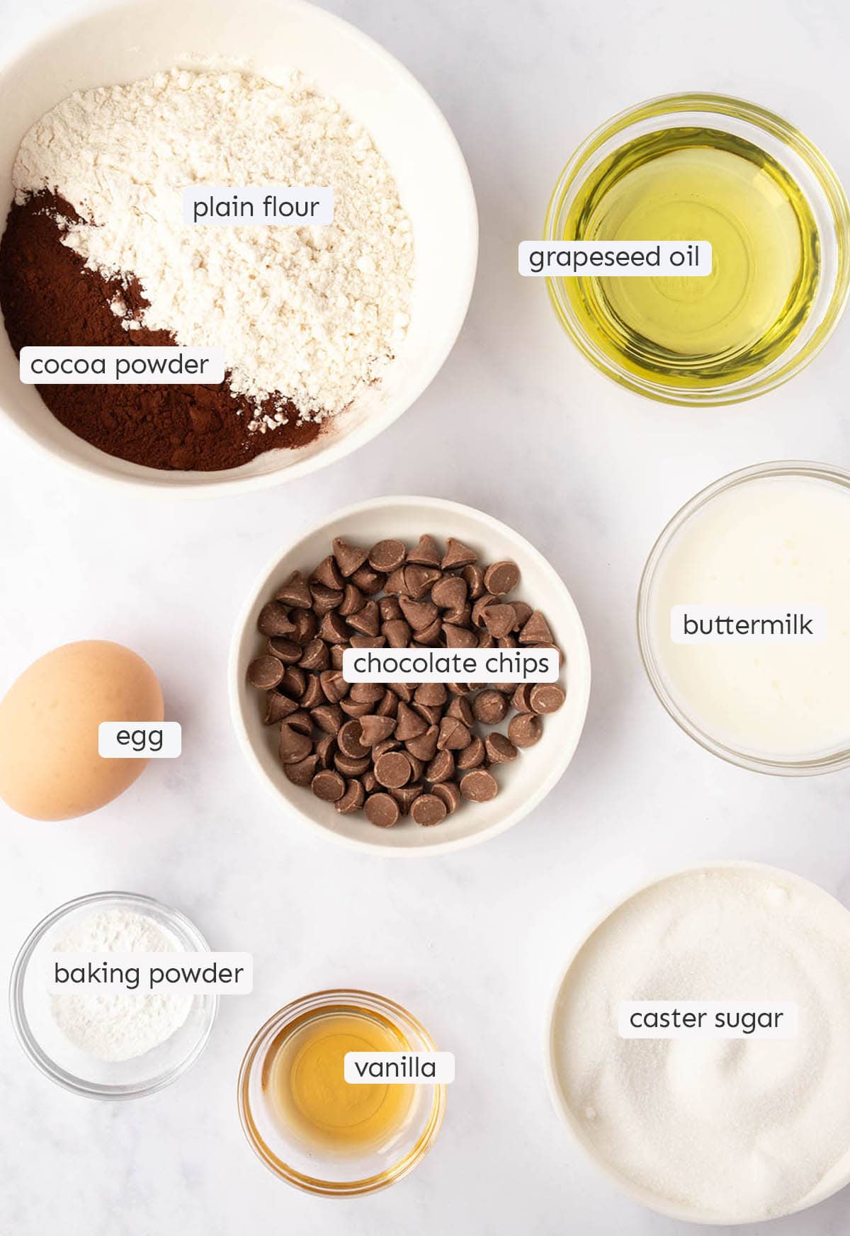 Top view of all the ingredients measured out to make Small Batch Chocolate Cupcakes.