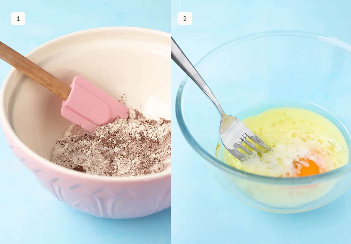 Side by side photos showing how to measure and mix together the dry and wet ingredients for the cupcakes.