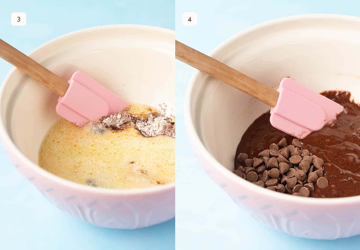 Step by step photos showing how to mix chocolate cake batter. 