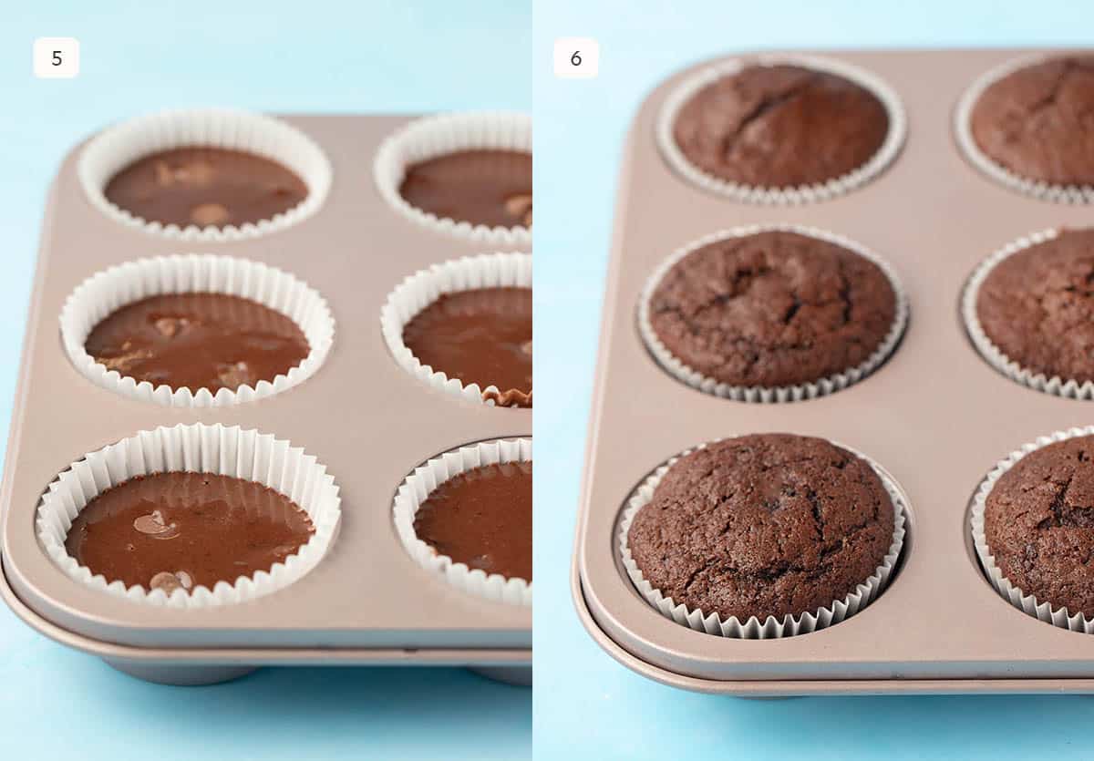 Side by side photos showing how to spoon out cupcake batter and bake until they spring back to the touch. 