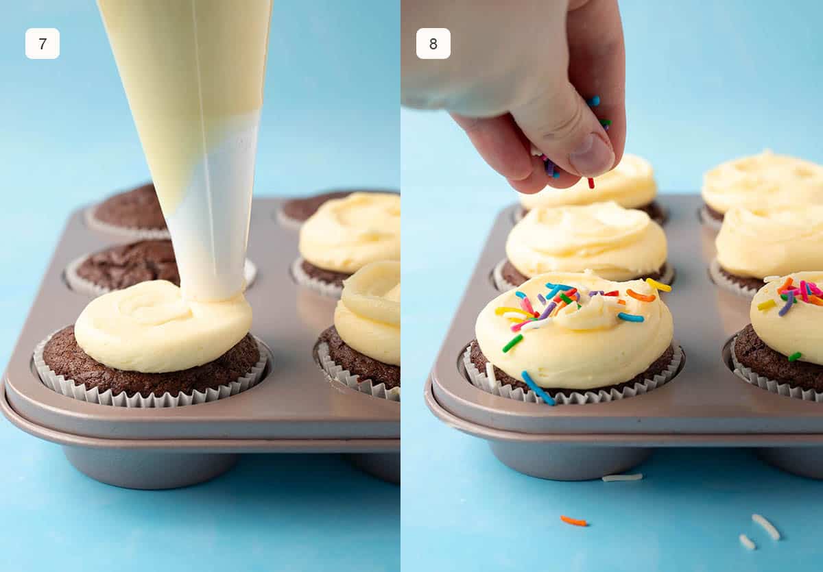 Muffin pan showing how to pipe buttercream onto chocolate cupcakes and add sprinkles. 