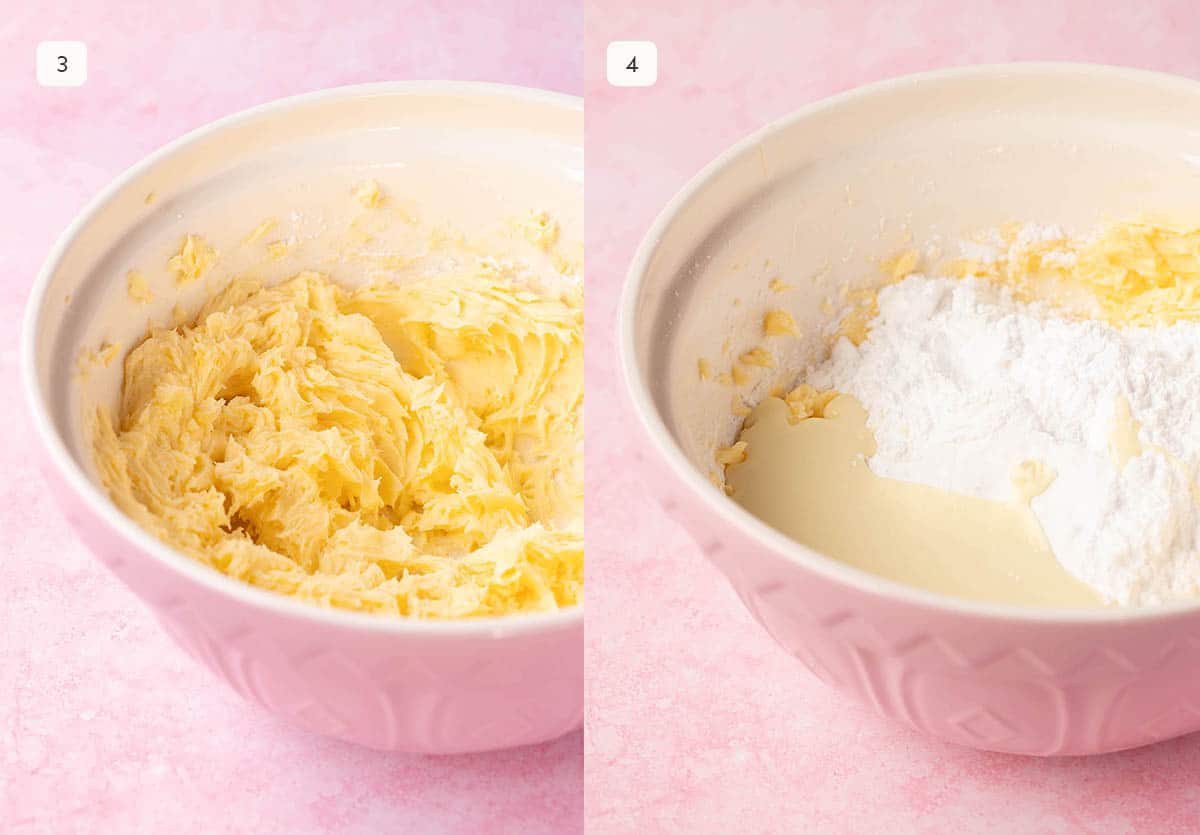 Photo tutorial showing how to whip buttercream and add icing sugar and white chocolate. 
