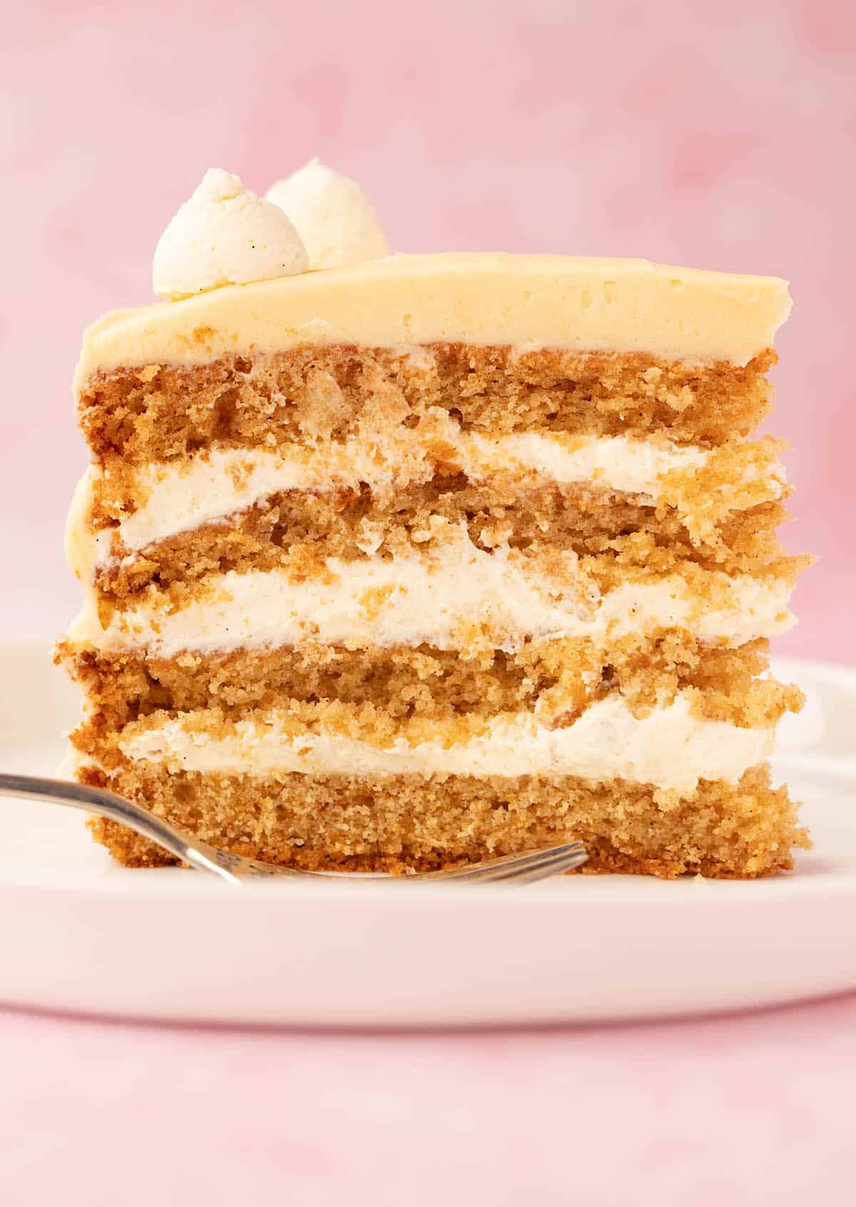 A tall slice of layered Honey Cake on a pink background. 