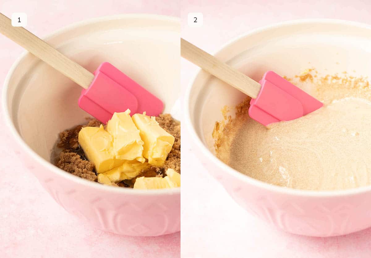Side by side photos showing how to make honey cake batter. 