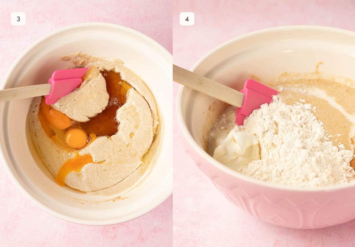 Photo tutorial showing how to add ingredients and mix cake batter in a pink bowl. 
