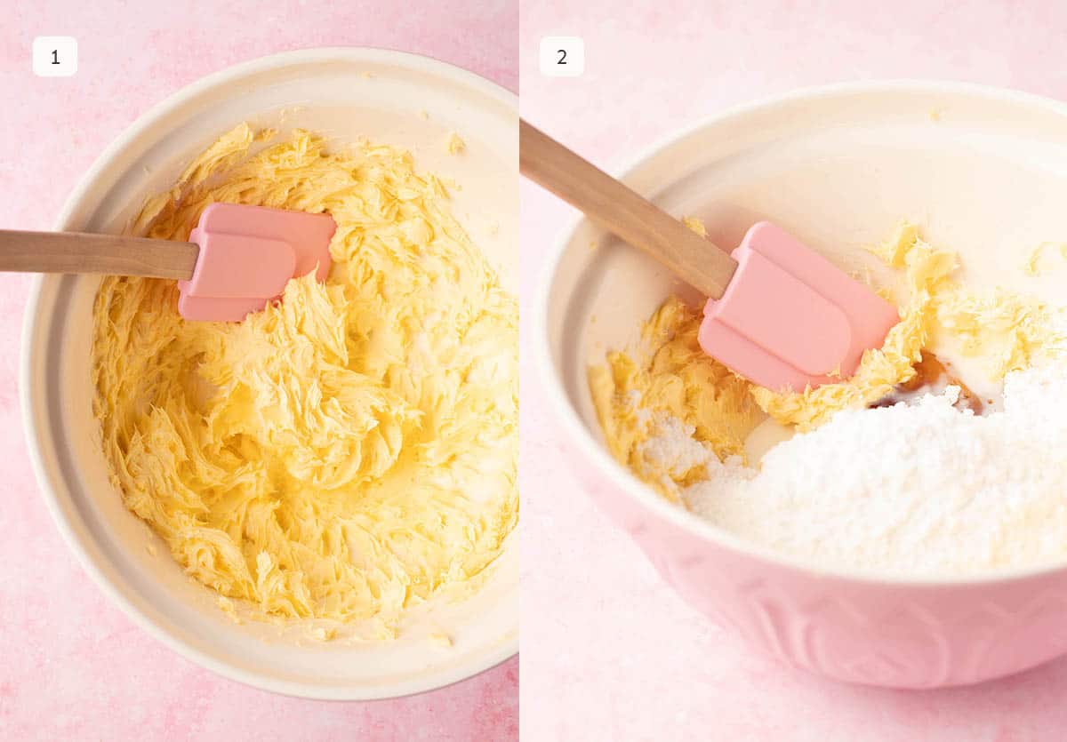 Photo tutorial showing how to mix butter and icing sugar to make buttercream. 