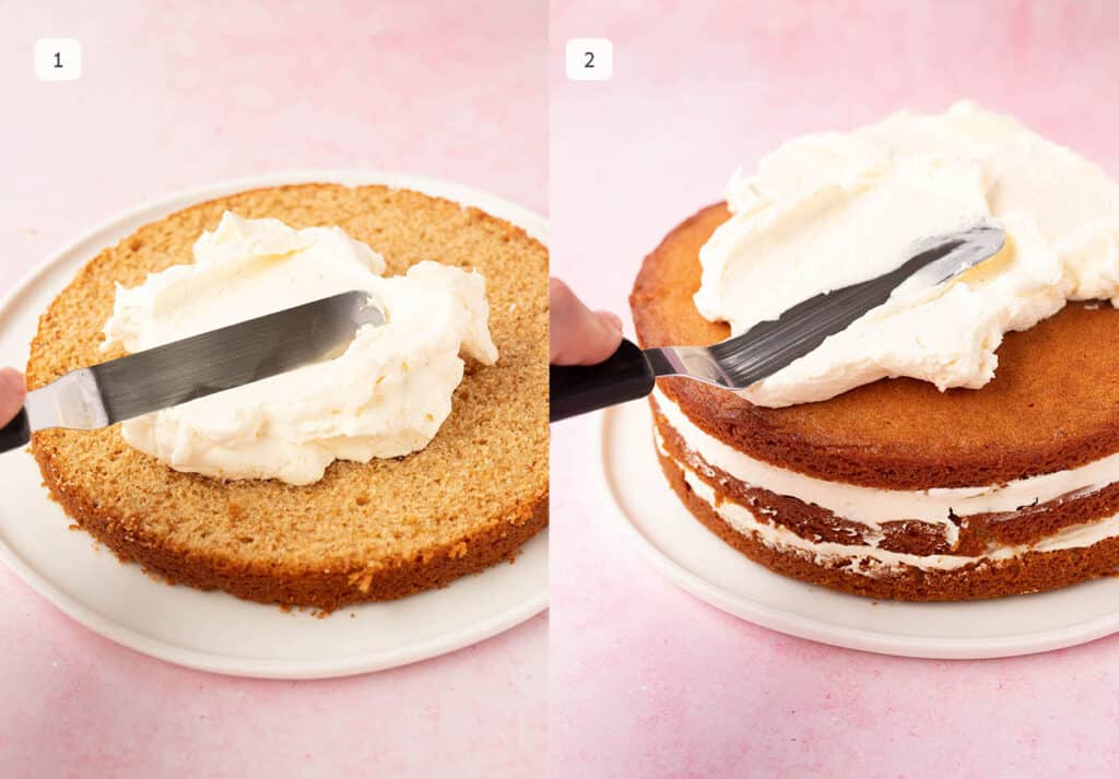 Side by side photos showing how to slice and fill honey cake with whipped cream. 