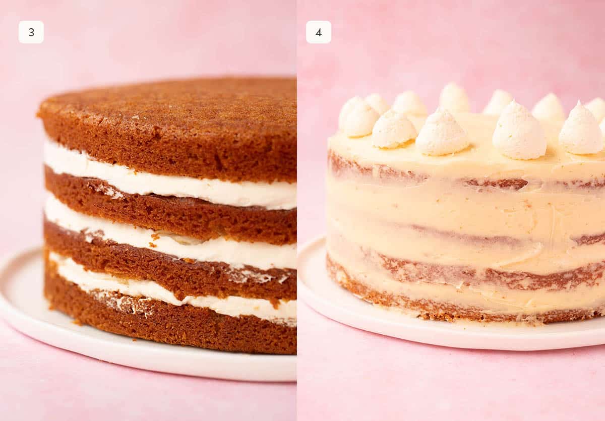 Side by side photos showing how to stack and decorate layered Honey Cake. 