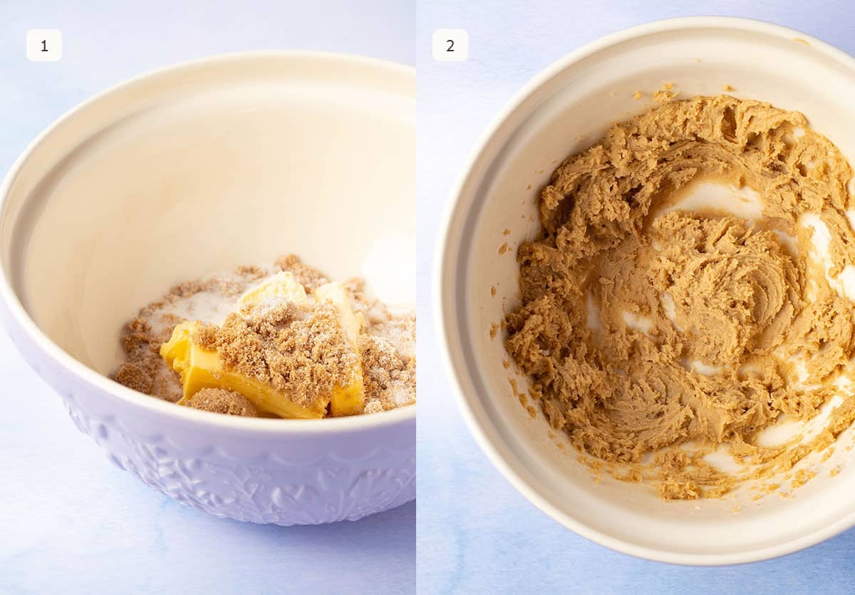 Side by side photos showing how to mix together butter and sugar in a large mixing bowl.