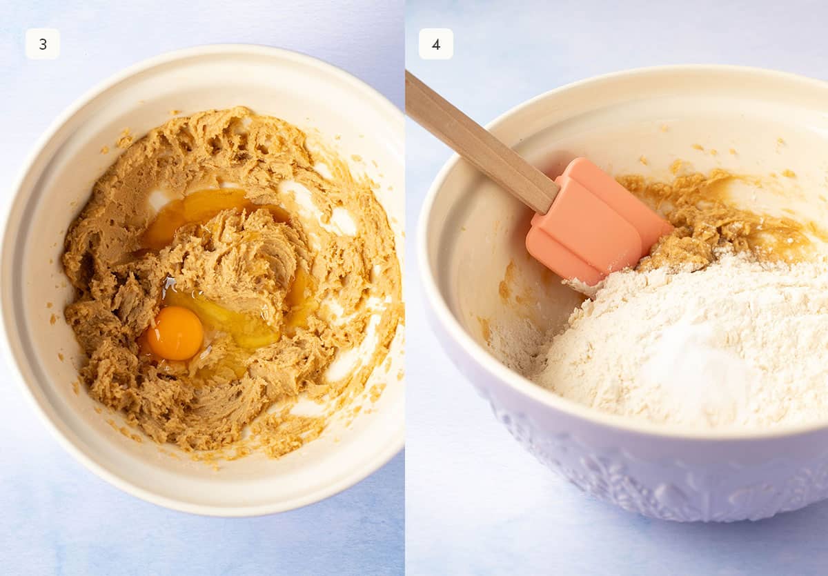 Photo tutorial showing how to add egg and dry ingredients to make cookie dough. 