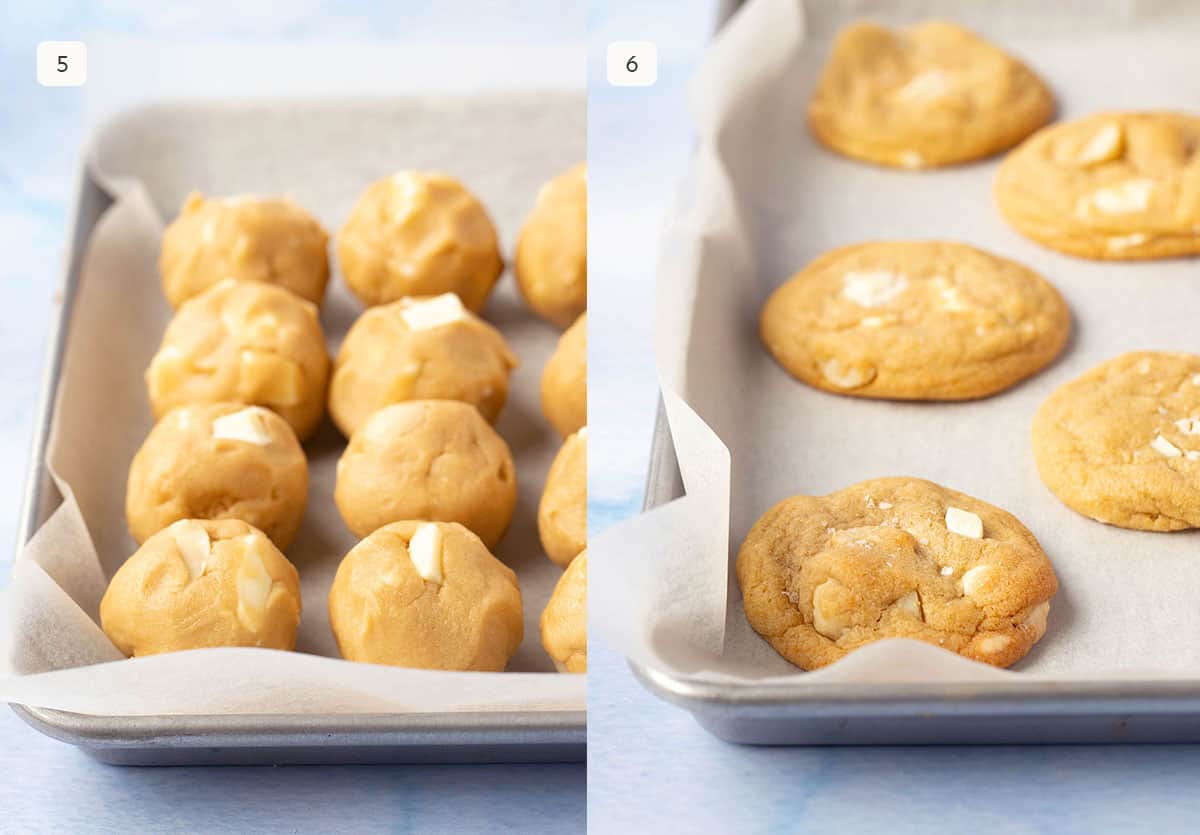 Side by side photos showing rolled balls of cookie dough before and after cooking in the oven. 