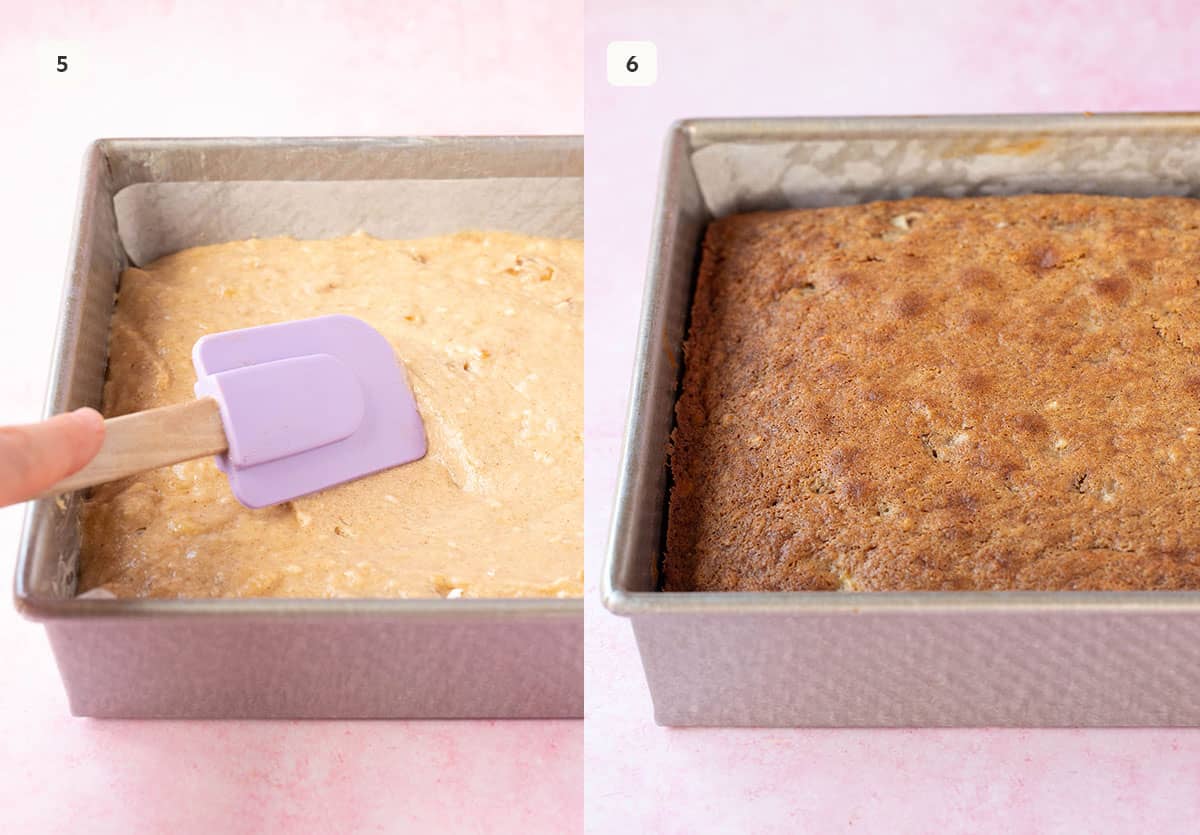 Photo tutorial showing cake batter before and after being baked. 