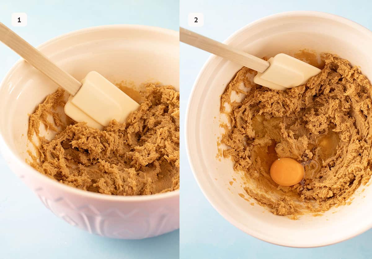 Photo tutorial showing how to mix together butter and sugar for cookies. 