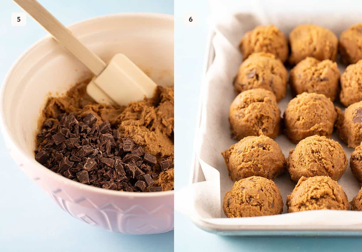 Step by step photos showing how to mix cookie dough and roll into balls. 