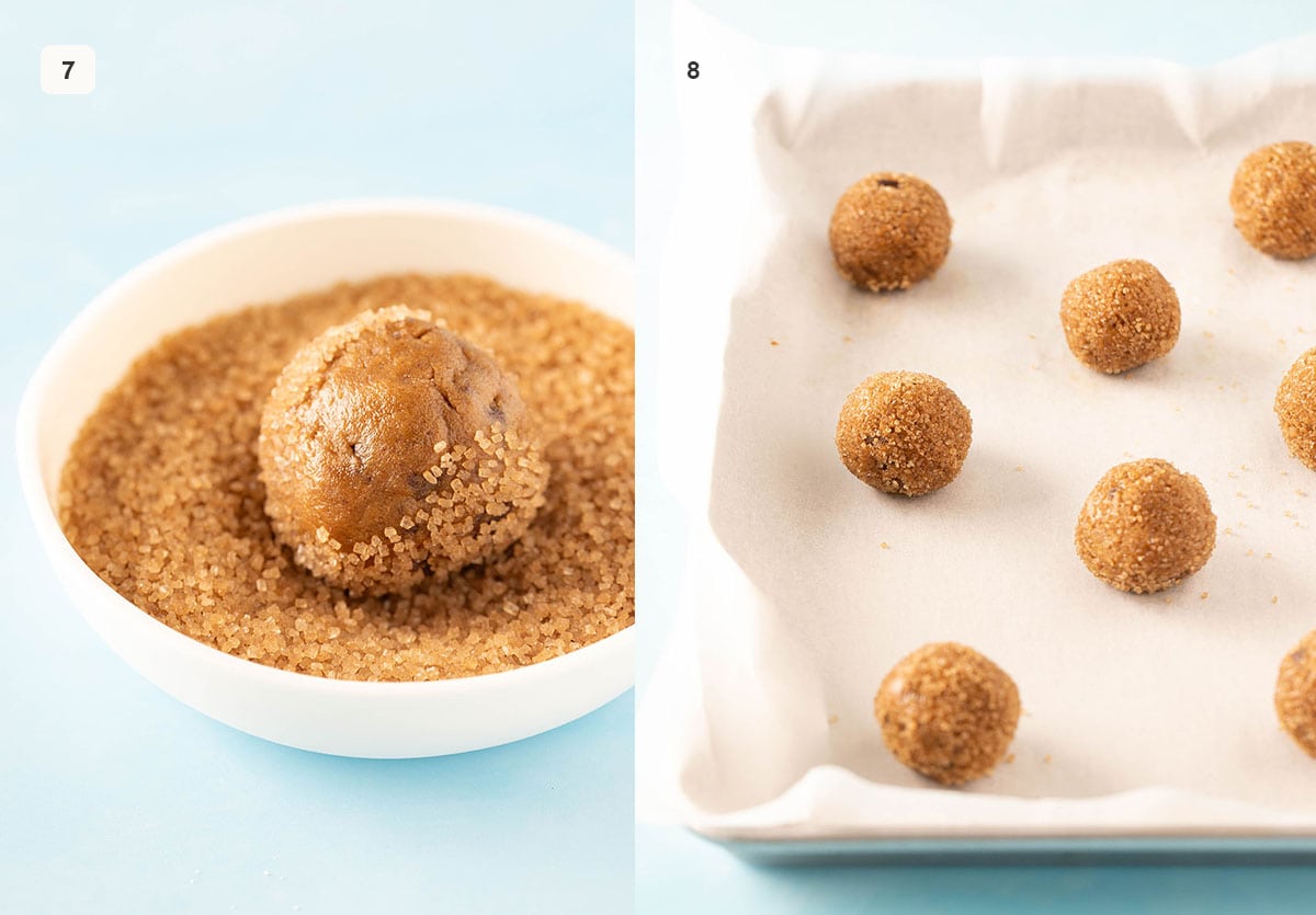 Rolling cookie dough balls in sugar and placing them on baking tray. 