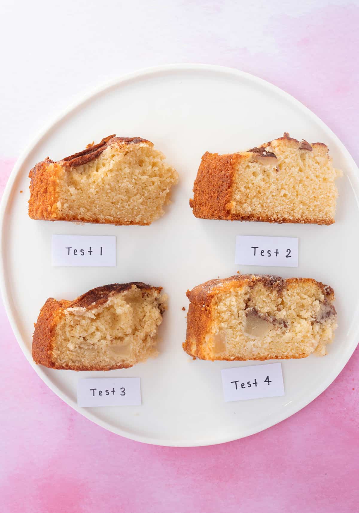 Four different variations of Pear Cake during my recipe testing experiments. 