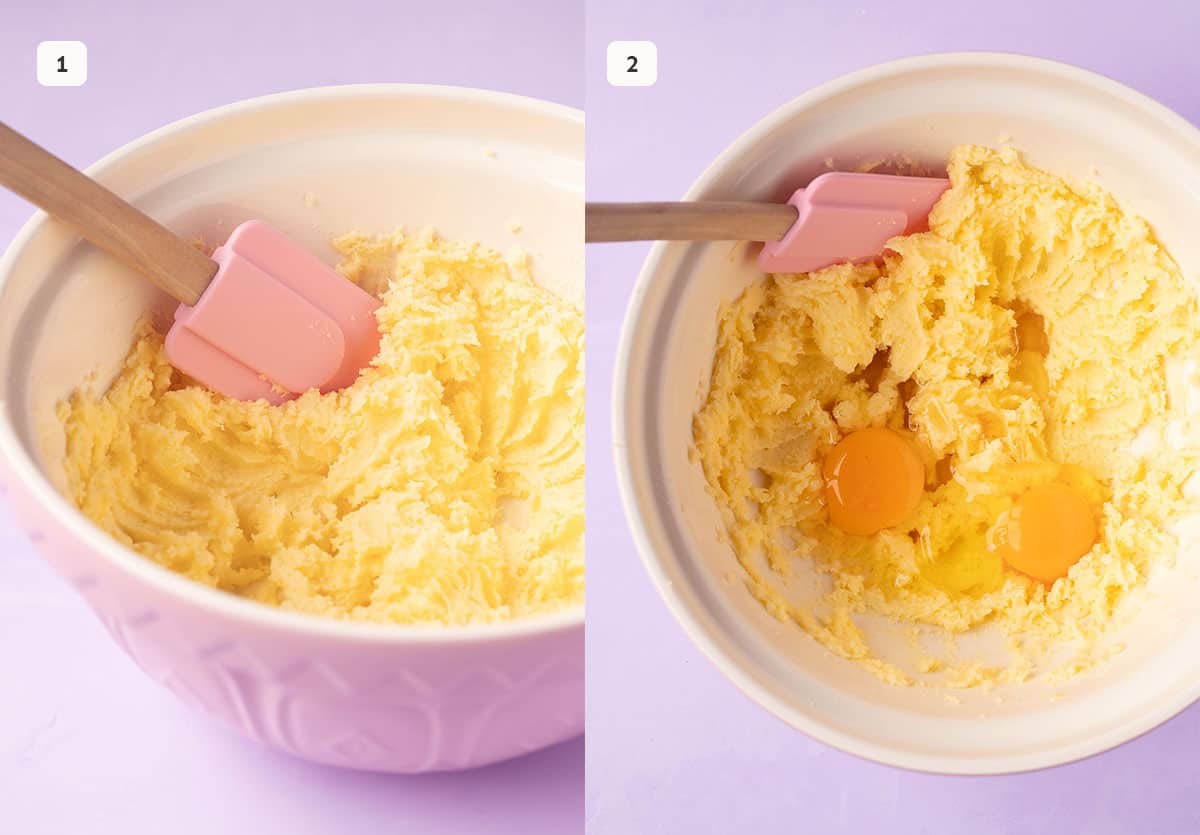 Side by side photos showing to beat butter and sugar using a mixer. 