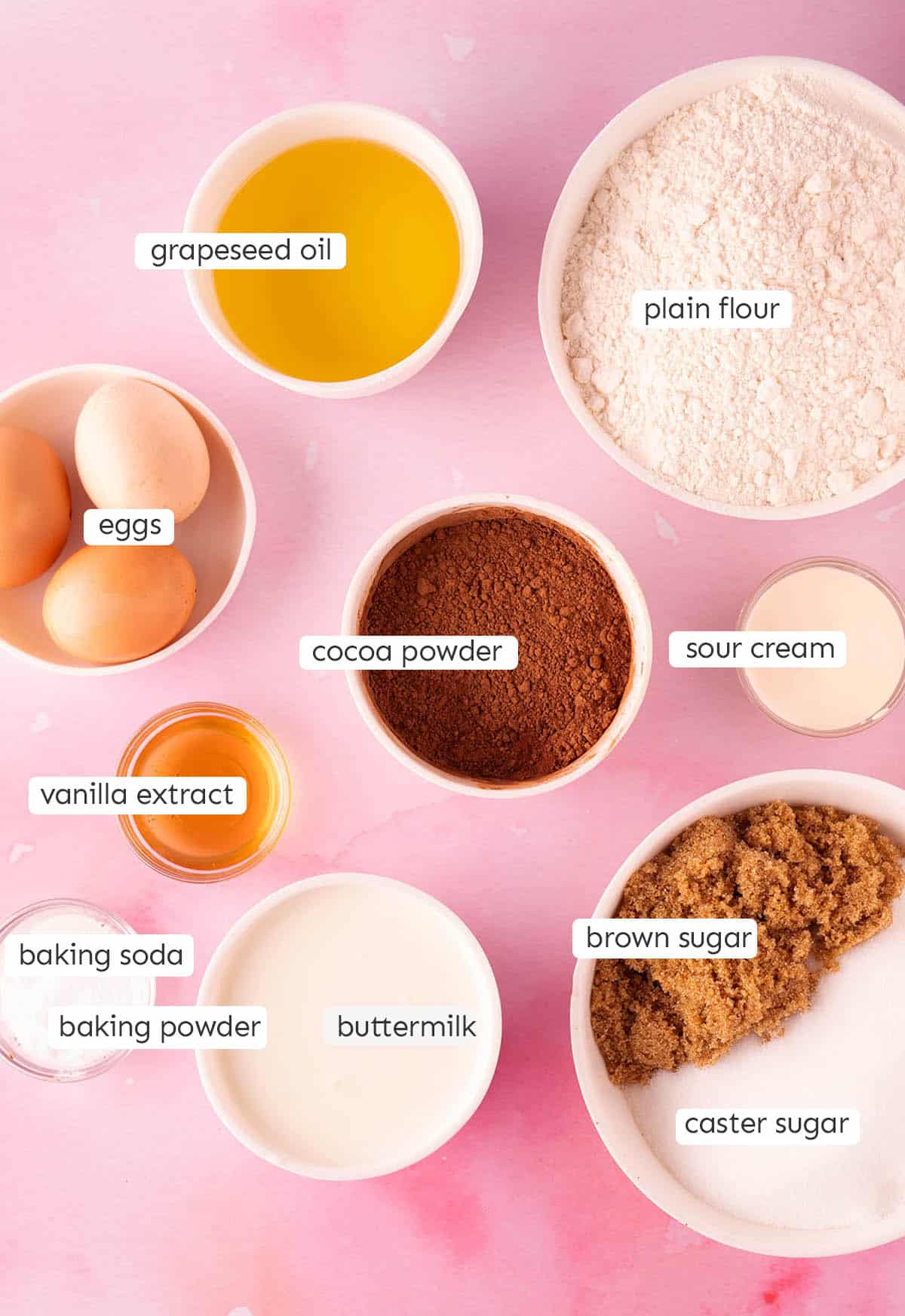 All the ingredients need to make chocolate sponge from scratch.