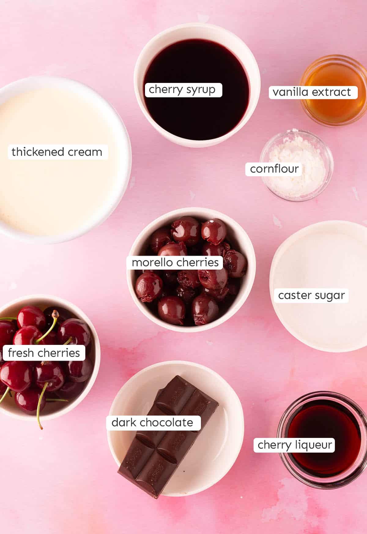All the ingredients needed to make cherry syrup and whipped cream.