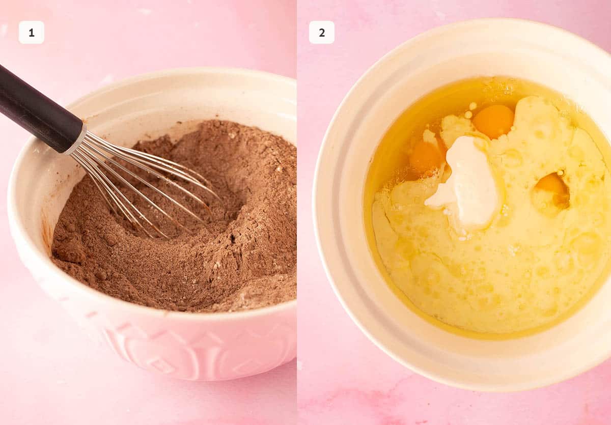 Mixing bowl with dry ingredients and a mixing bowl with wet ingredients.