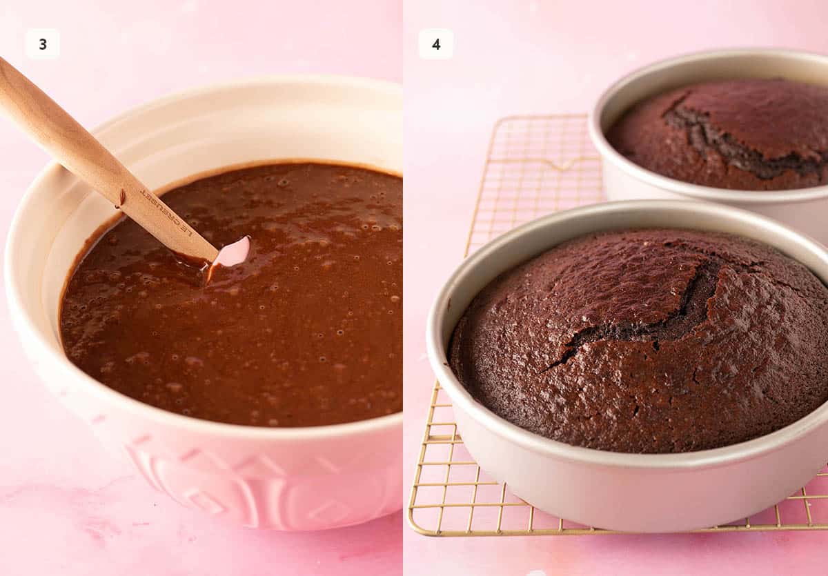 A mixing bowl filled with chocolate cake batter and two chocolate sponges fresh from the oven.