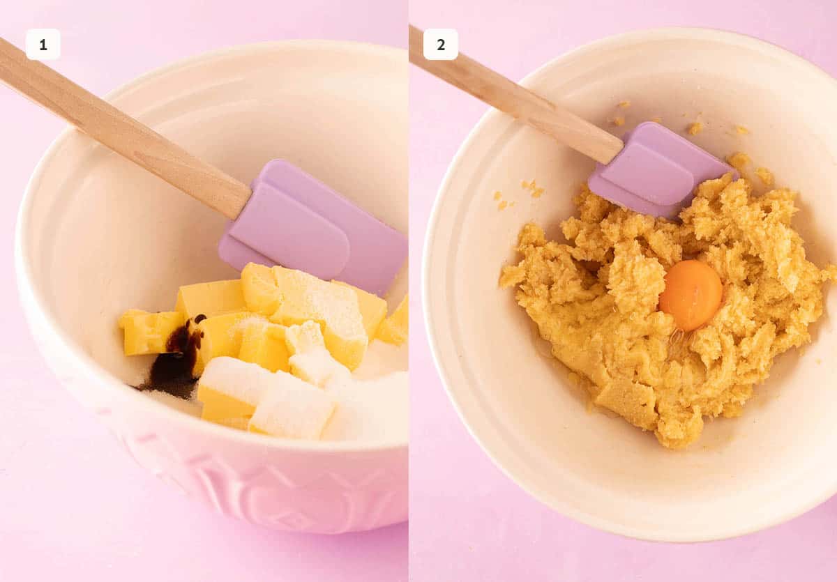 Photo tutorial showing how to mix butter and sugar for cookies. 
