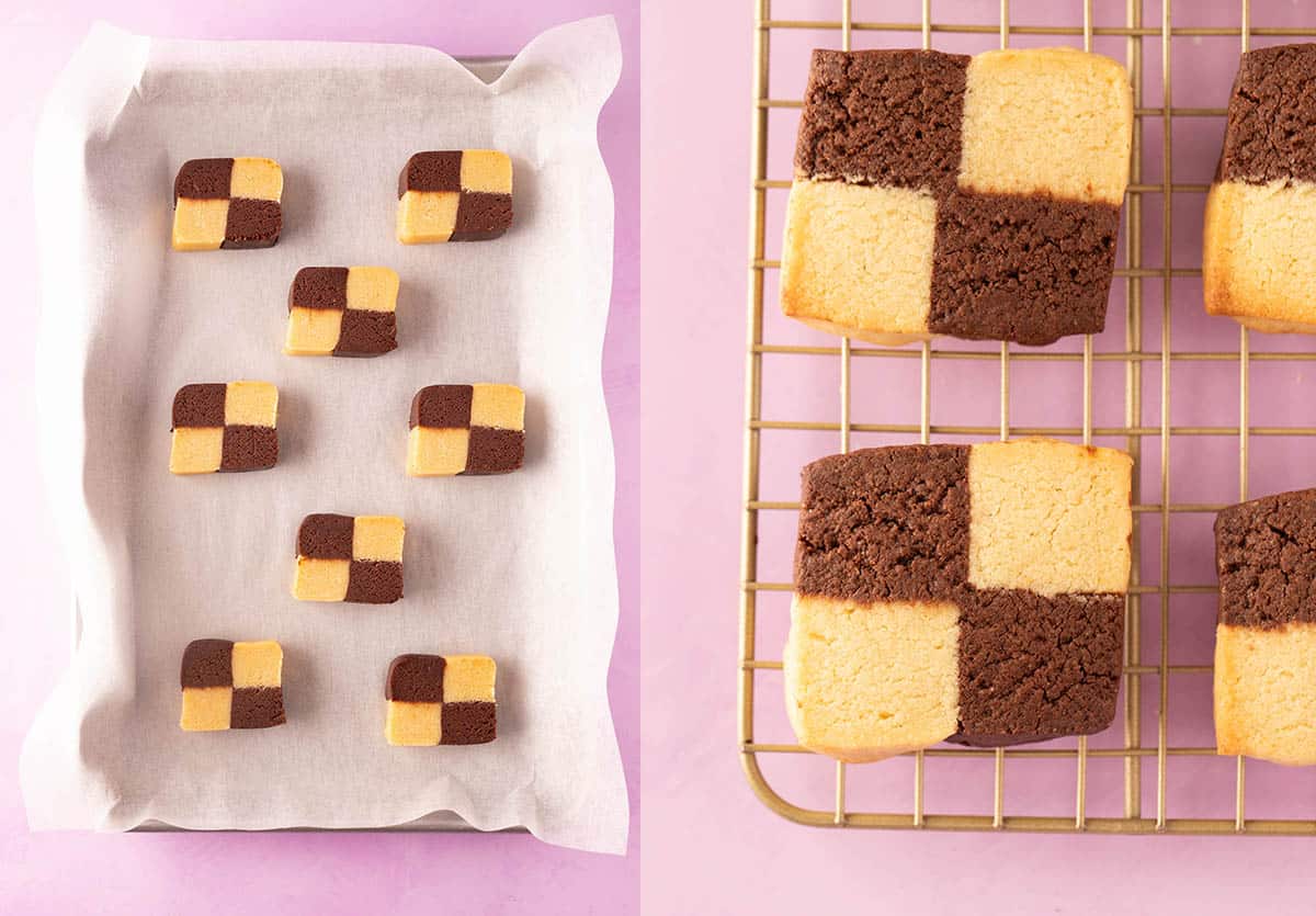 Two photos showing how to arrange Checkerboard Cookies before being baked and after cooling on a wire rack.