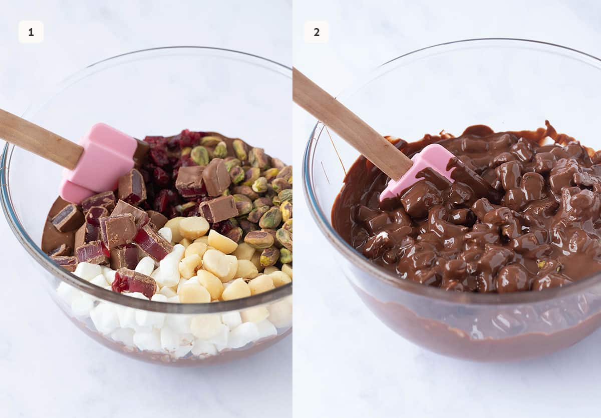 Photo tutorial showing how to mix ingredients in chocolate for rocky road. 