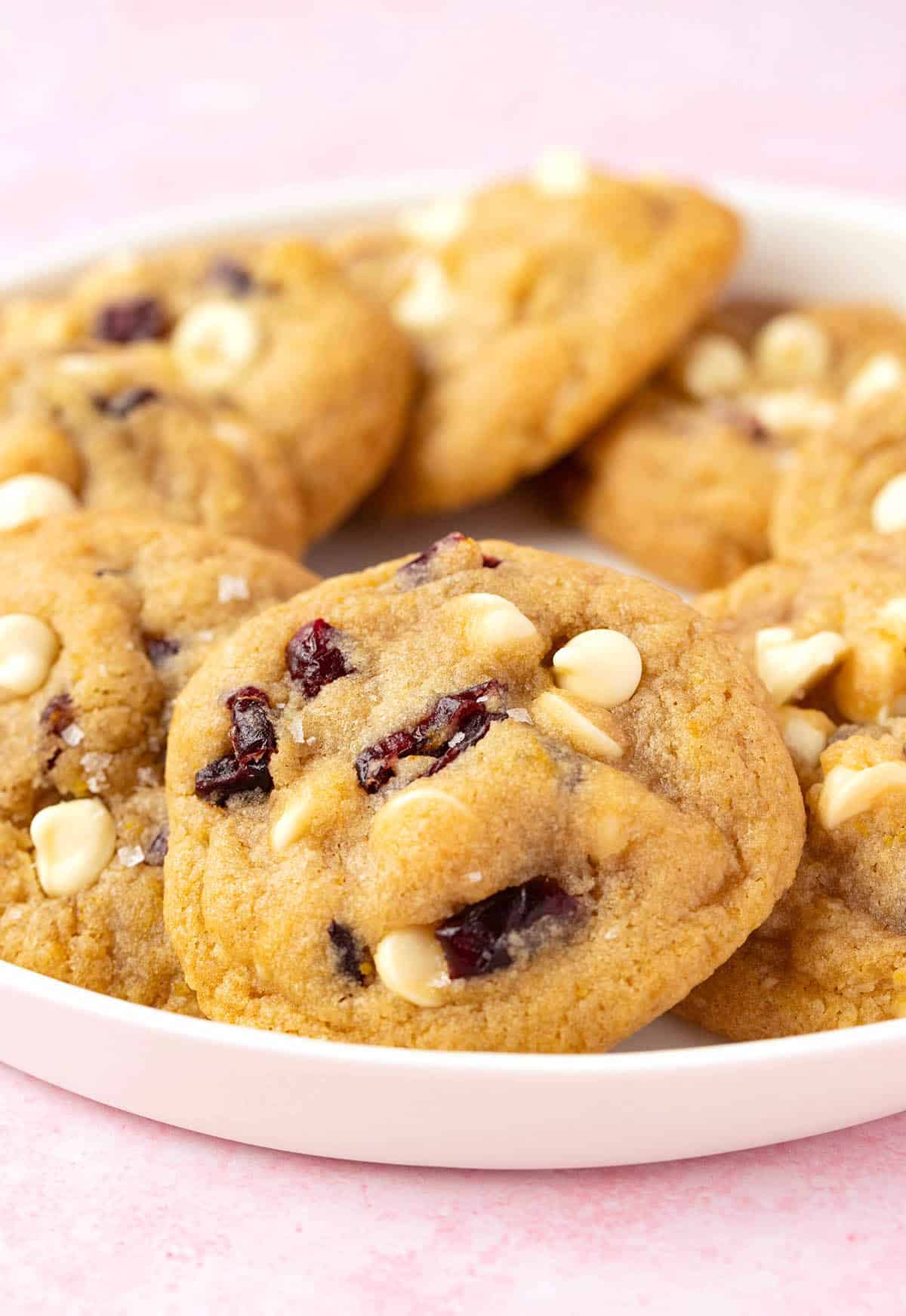 A plate of homemade White Chocolate Cranberry Cookies.