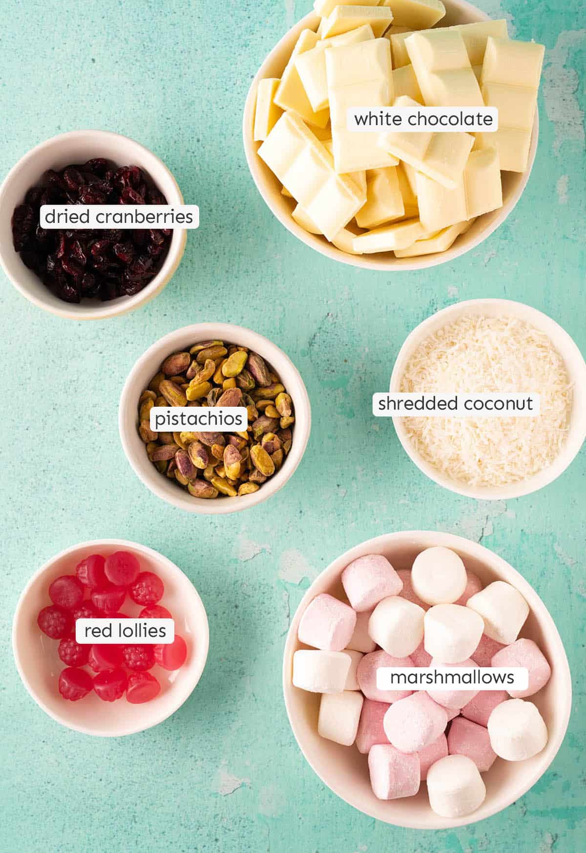 All the ingredients needed to make White Chocolate Rocky Road from scratch. 