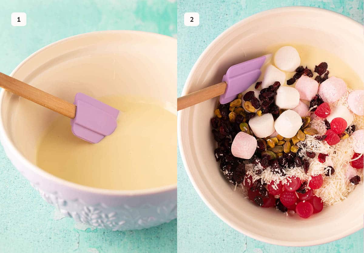 Two photos showing how to mix and stir rocky road in a purple mixing bowl. 