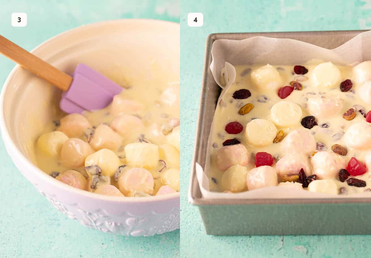 Photo tutorial showing how to make White Chocolate Rocky Road and pour it into prepare pan. 