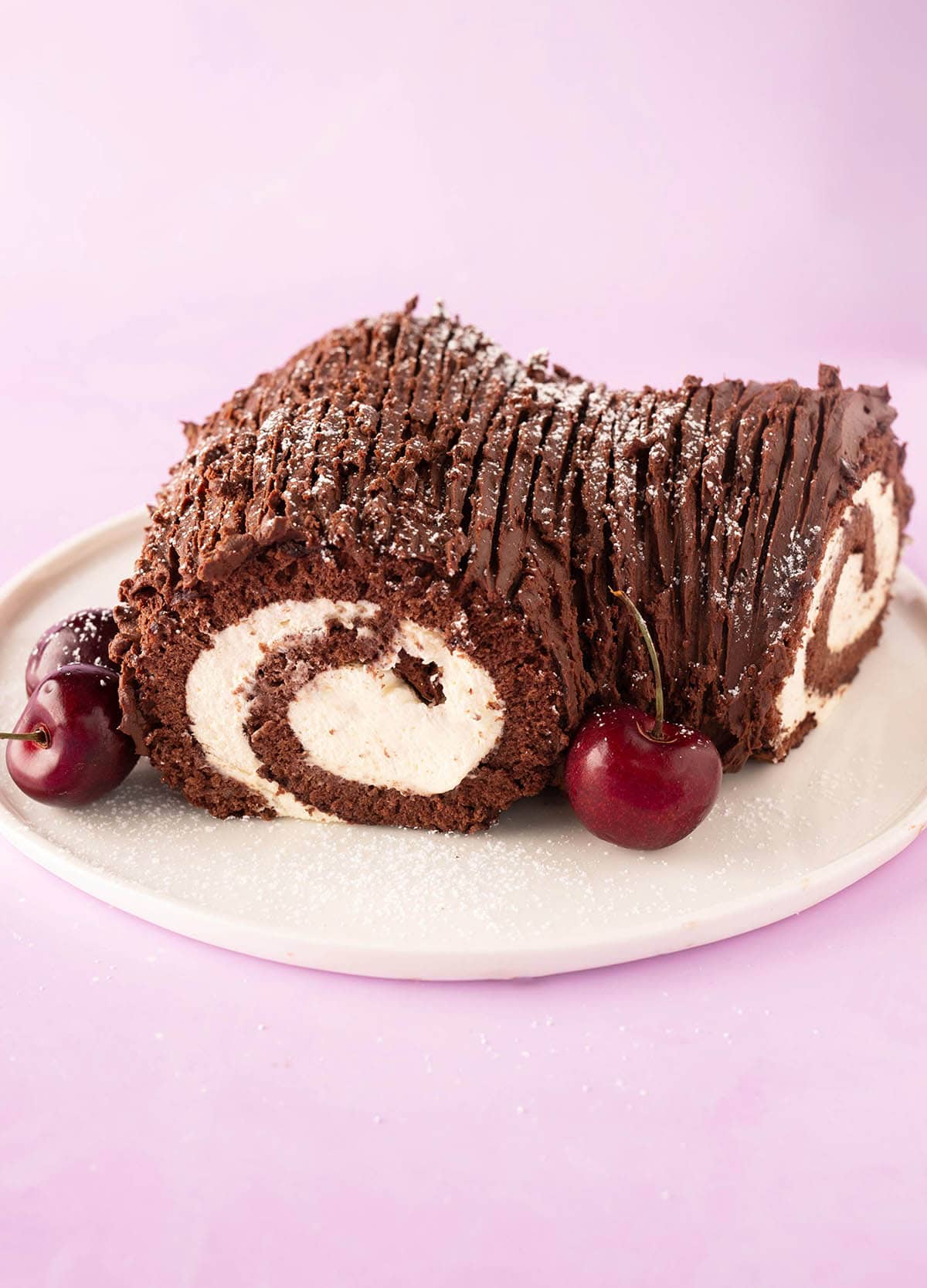 A beautiful Chocolate Yule Log on a purple backdrop. 