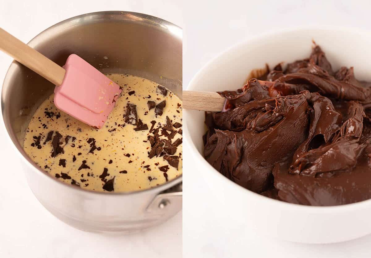 A saucepan filled with cream and chocolate to create a chocolate ganache. 