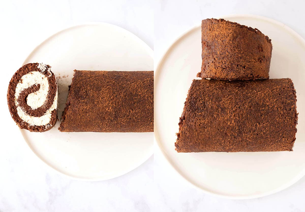 Photo tutorial showing how to cut and assemble a Chocolate Yule Log. 