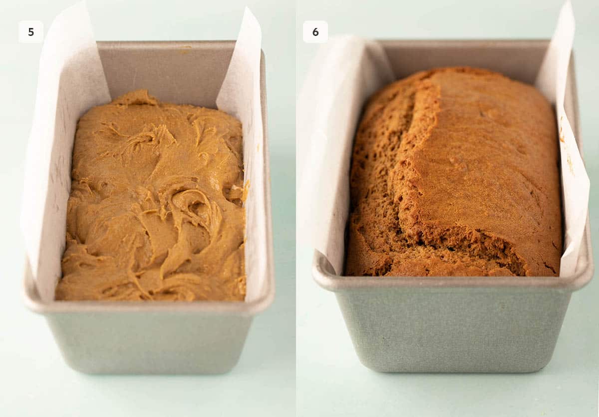 Two cake pans, one showing cake before being baked, the other once the cake has finished baking.