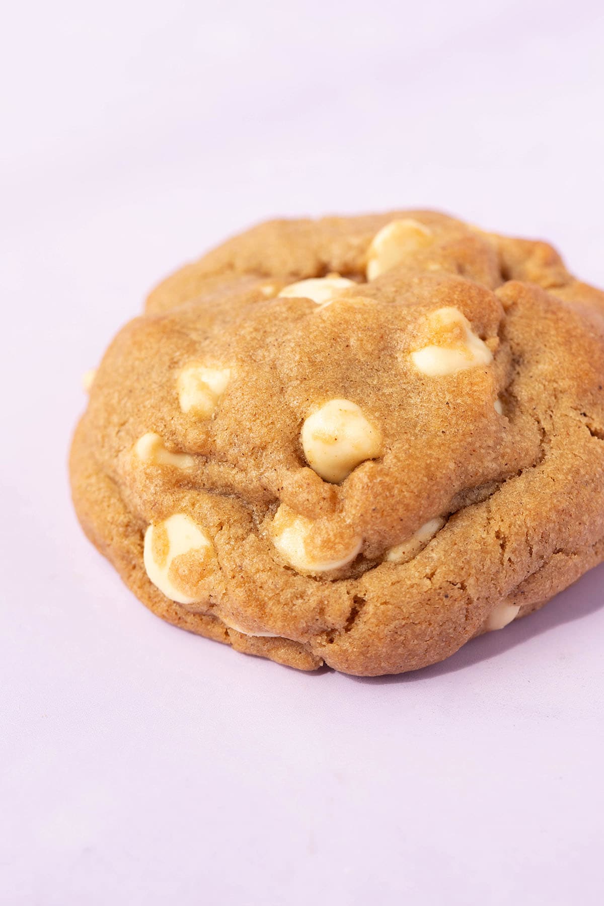 A single White Chocolate Chip Gingerbread Cookie on a purple backdrop. 