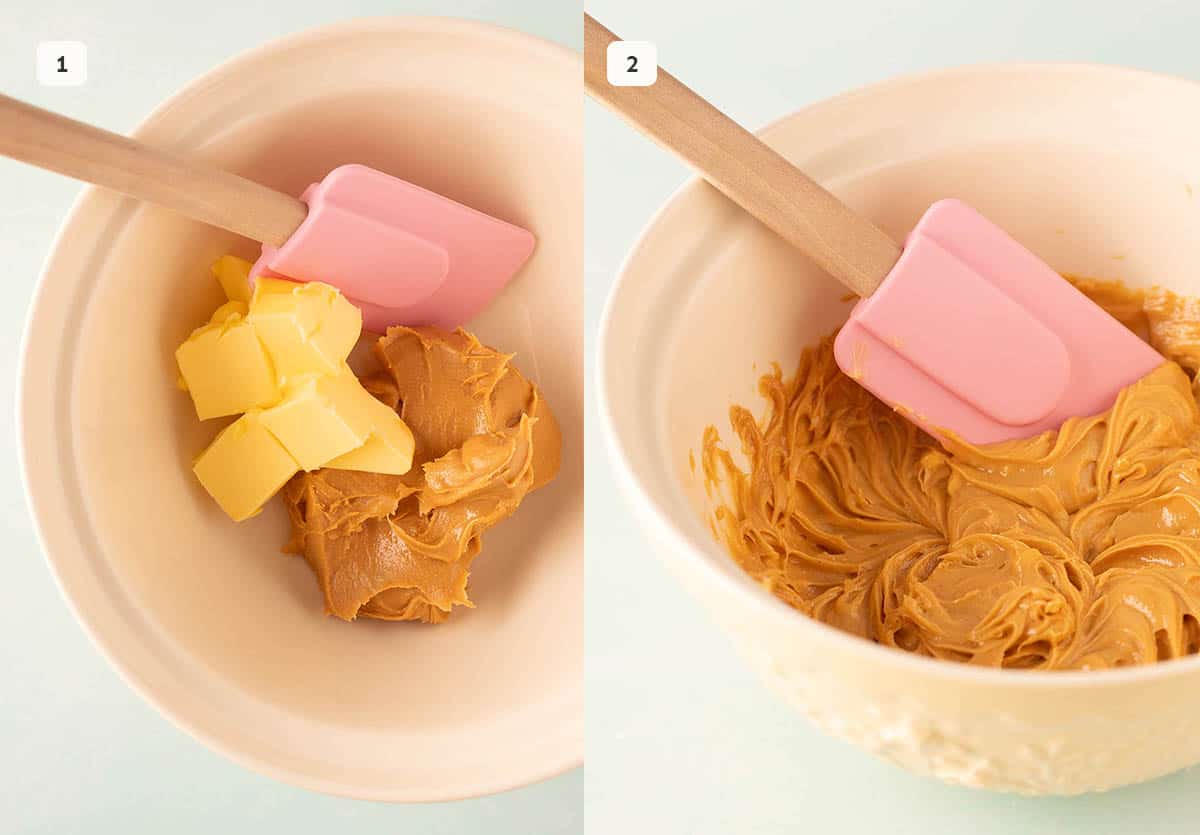Step by step photos showing how to mix butter and peanut butter. 