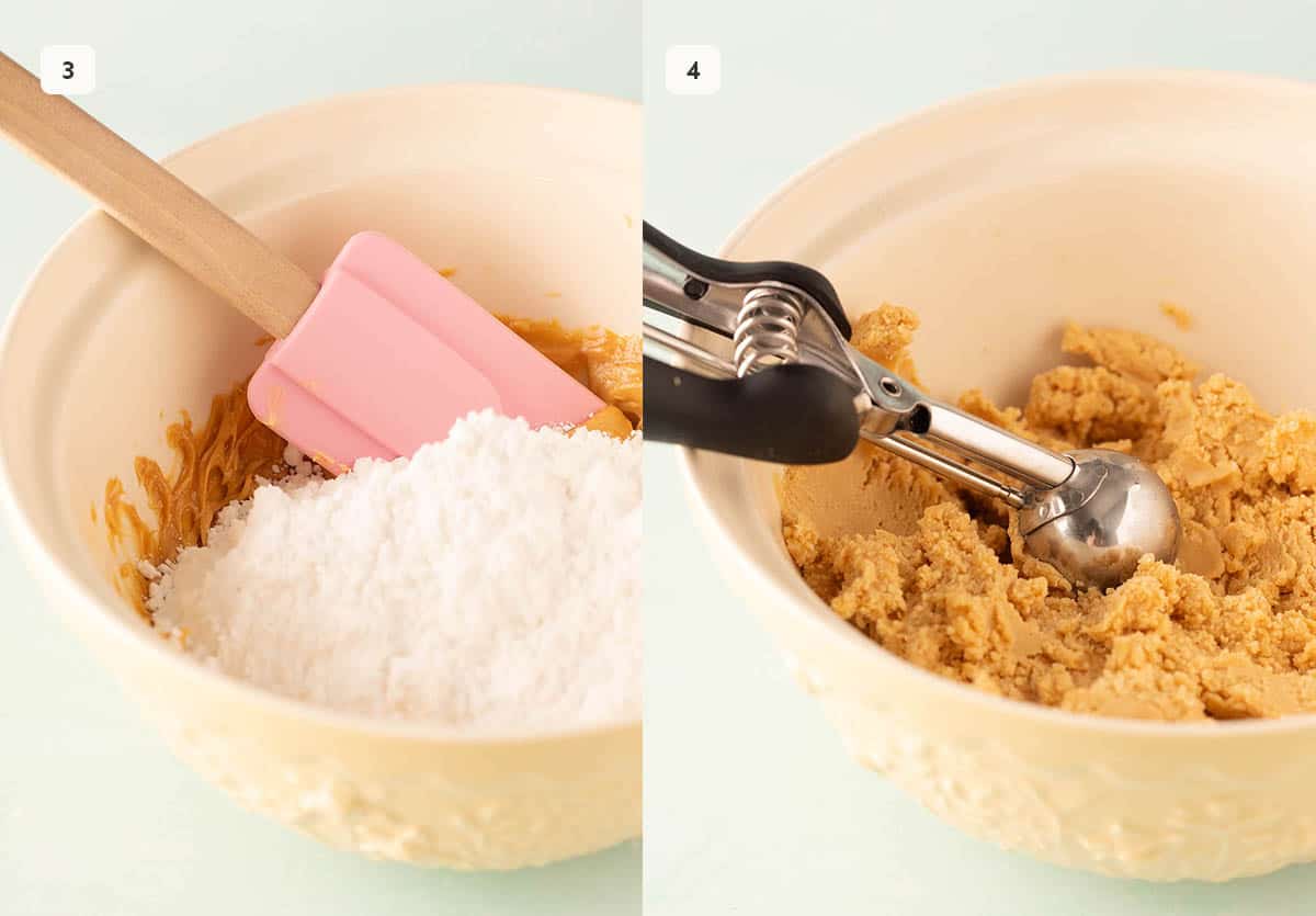 Yellow mixing bowl filled with peanut butter and icing sugar with a small cookie scoop. 