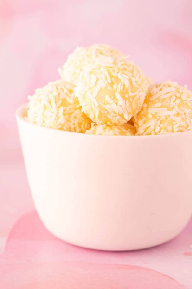 A bowl of white chocolate ganache truffles