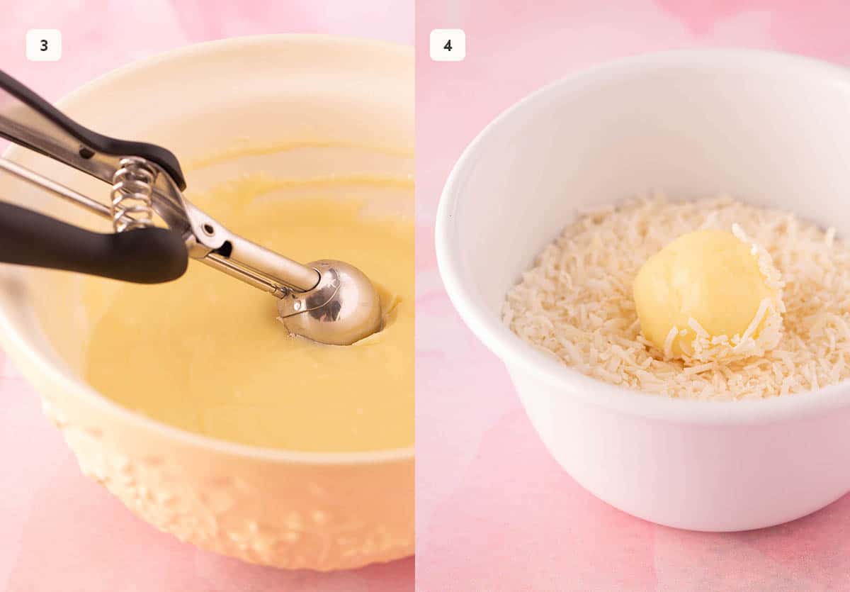 Photo tutorial showing how to scoop and roll white chocolate truffles in coconut. 