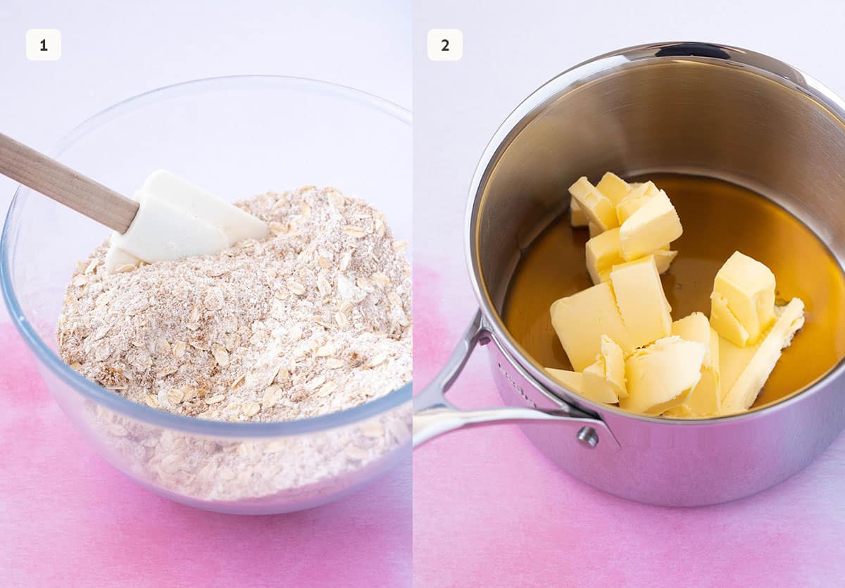 Step by step photos showing how to mix dry ingredients and make the caramel.