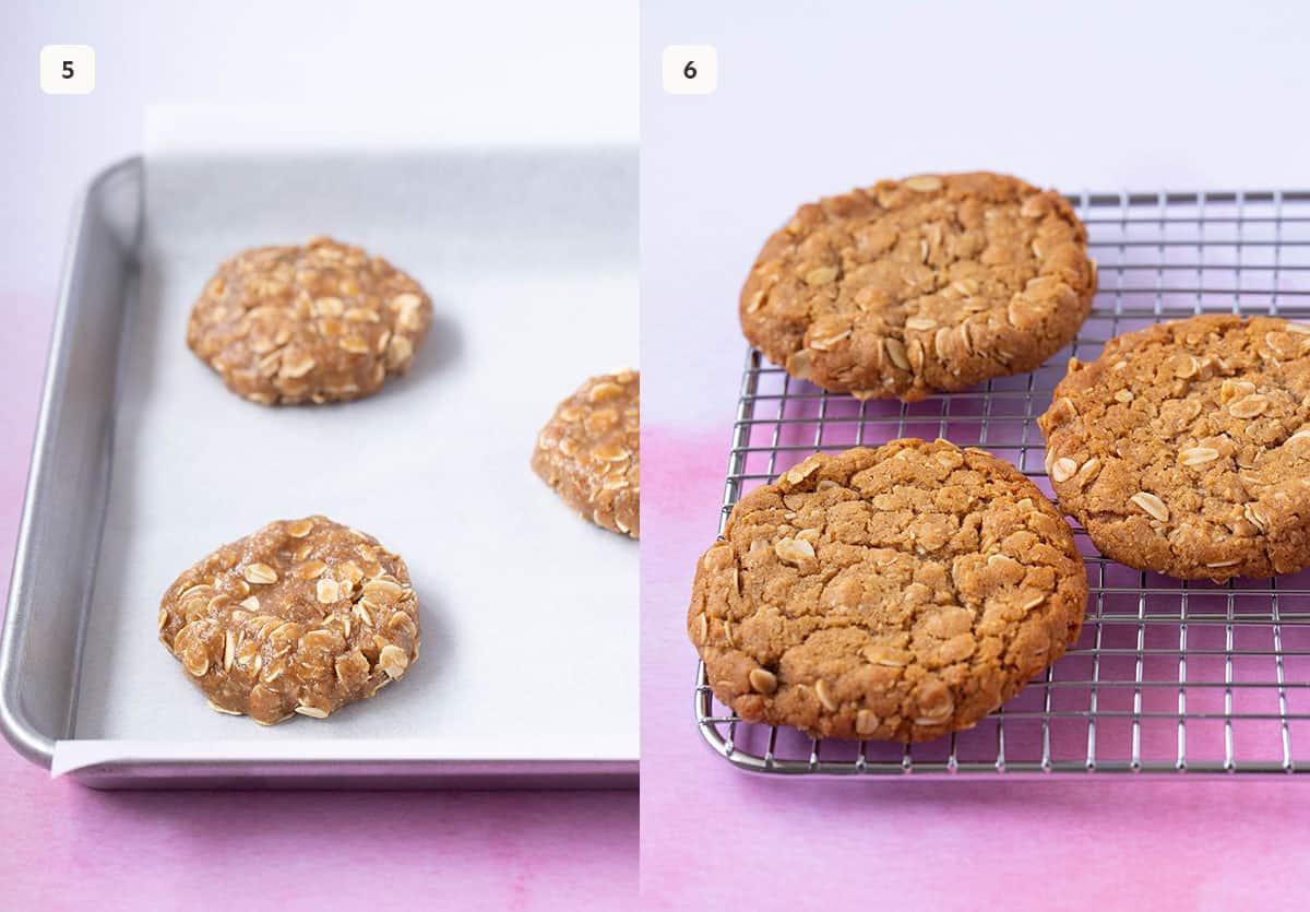 Step by step photos showing how to flatten Anzac Biscuits before baking and the finished result. 