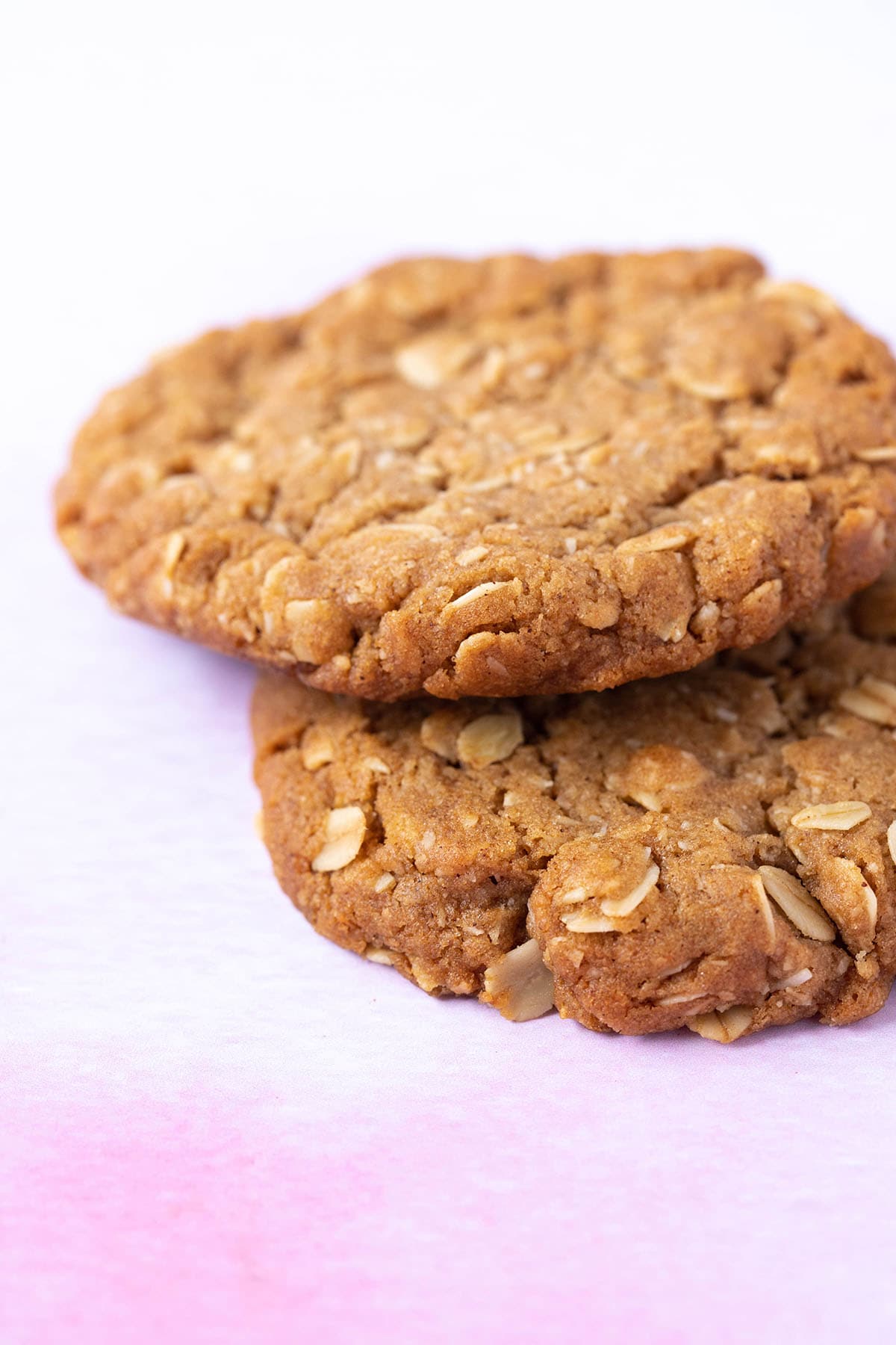 Two Anzac Biscuits filled with oats and coconut sitting on a purple backdrop. 