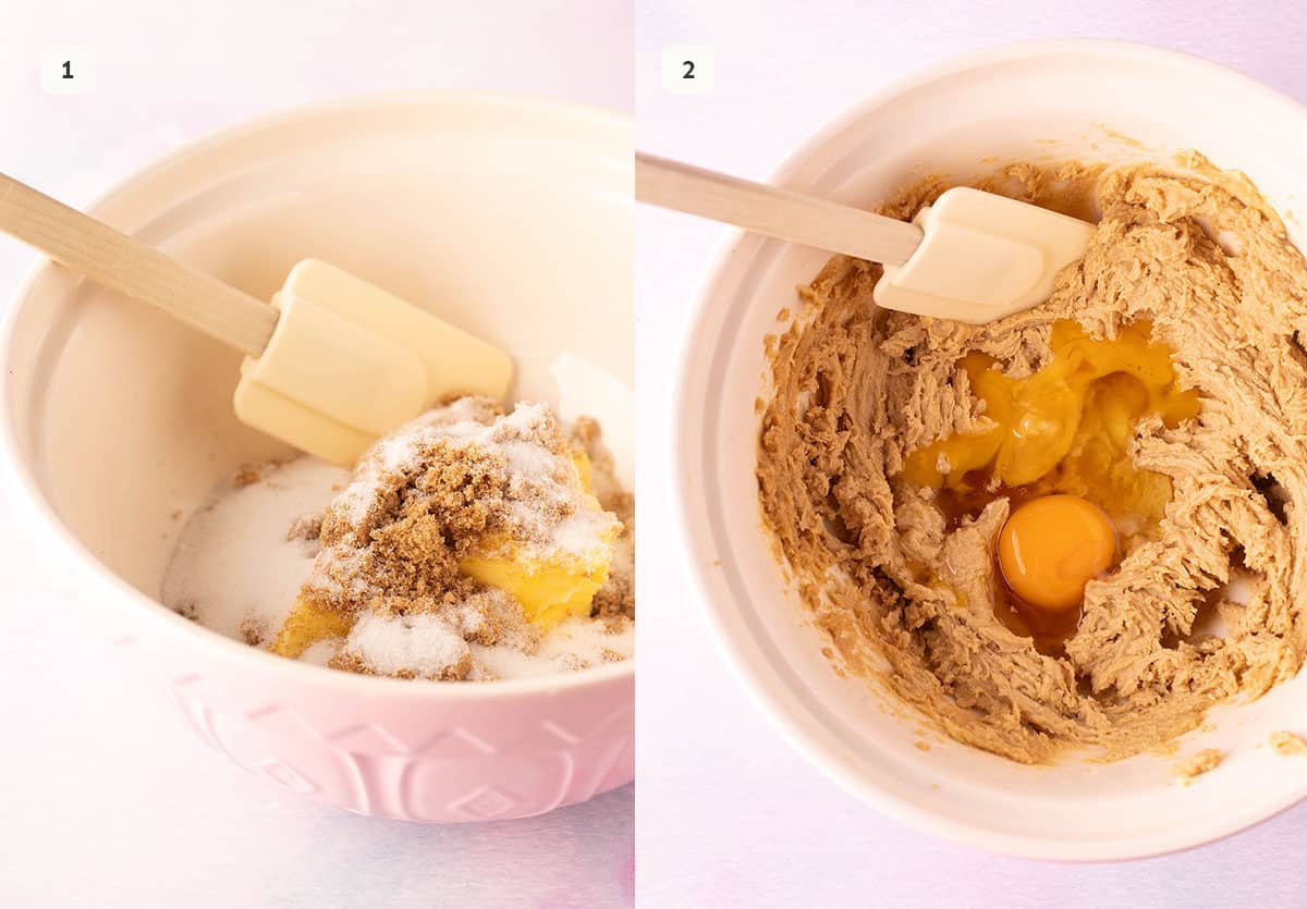 Photo tutorial showing how to mix butter and sugar, then eggs when making Congo Bars from scratch.