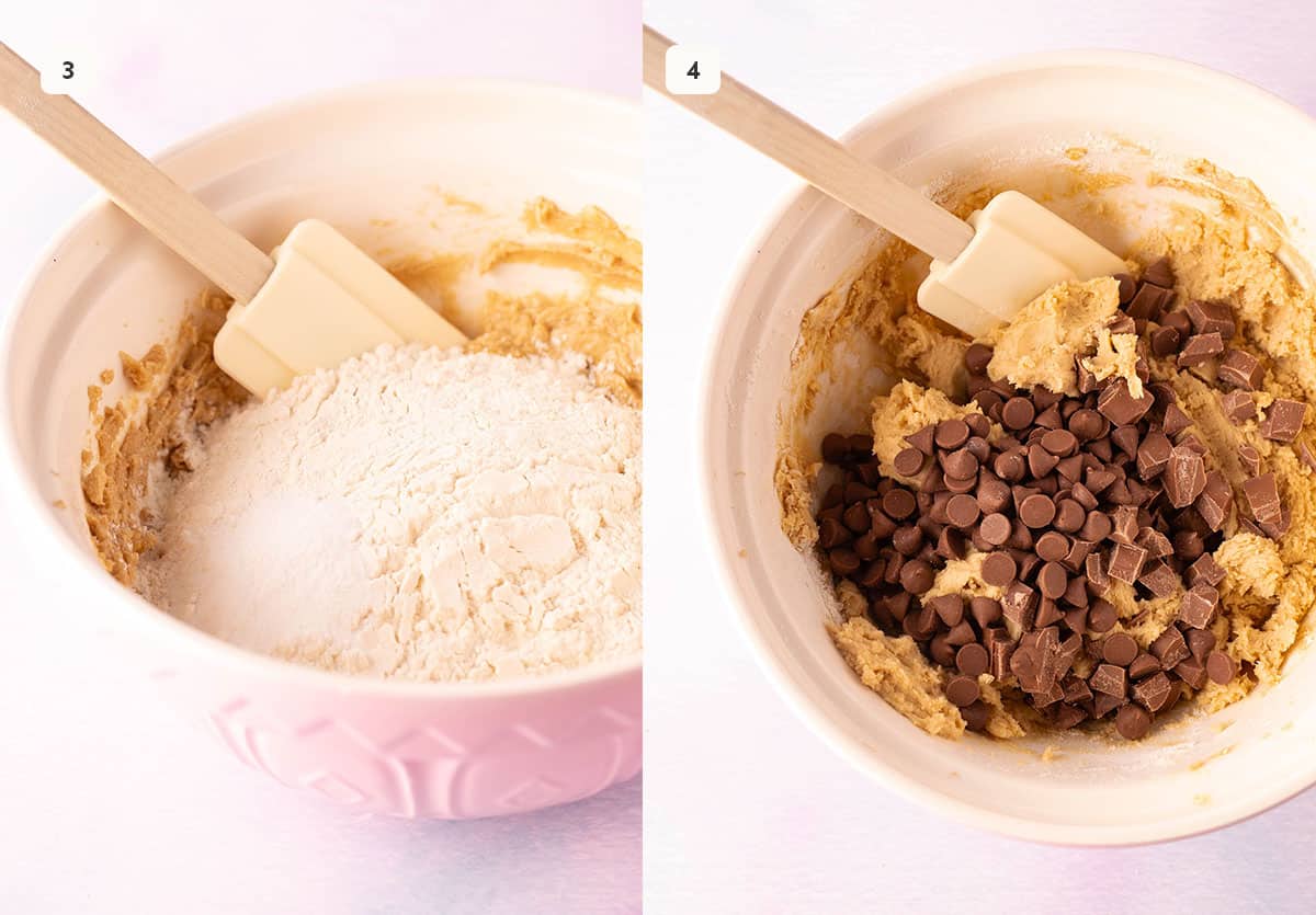 Photo tutorial showing how to mix in flour and chocolate chips when making chocolate chip cookie bars.